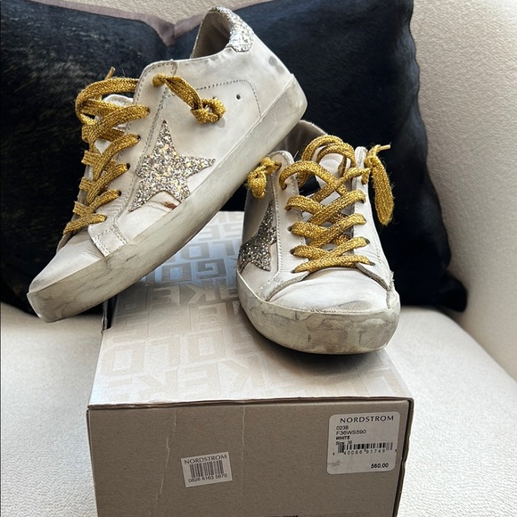Golden Goose Superstar Sneakers with Glitter Star and Gold Laces sz 38 - Picture 1 of 13